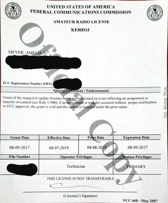 My new ham radio license, with my new name!
